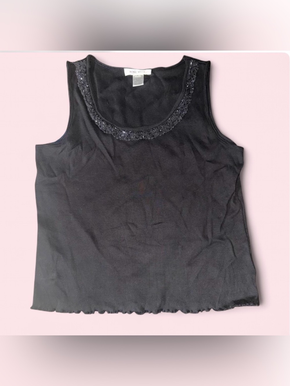 Y2K Vintage Nine West Black Sequin Tank Top  Beaded Embellish Whimsigoth Size XL